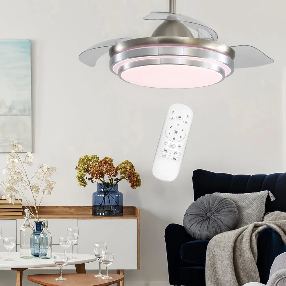 Chrome Retractable LED Ceiling Fan Light with Remote - Silver