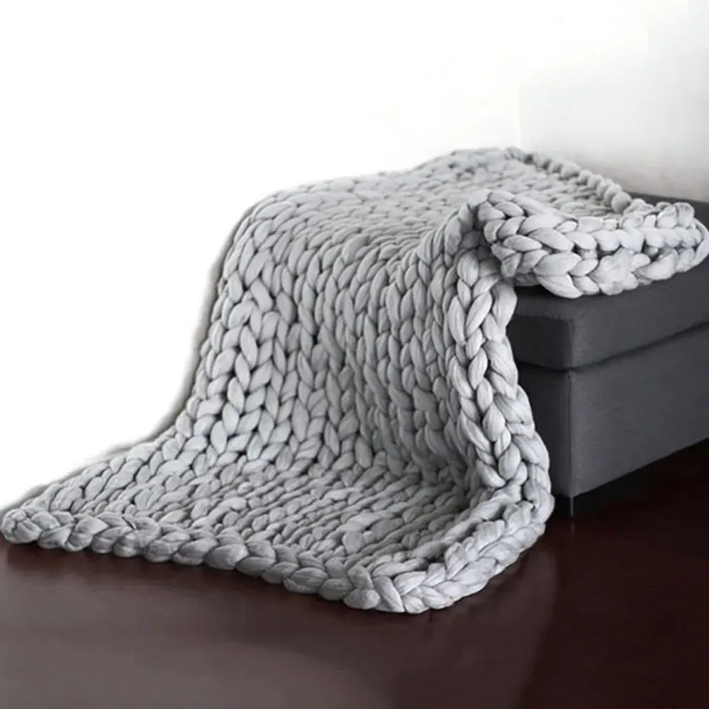 Chunky Knit Throw Blanket - Light Grey