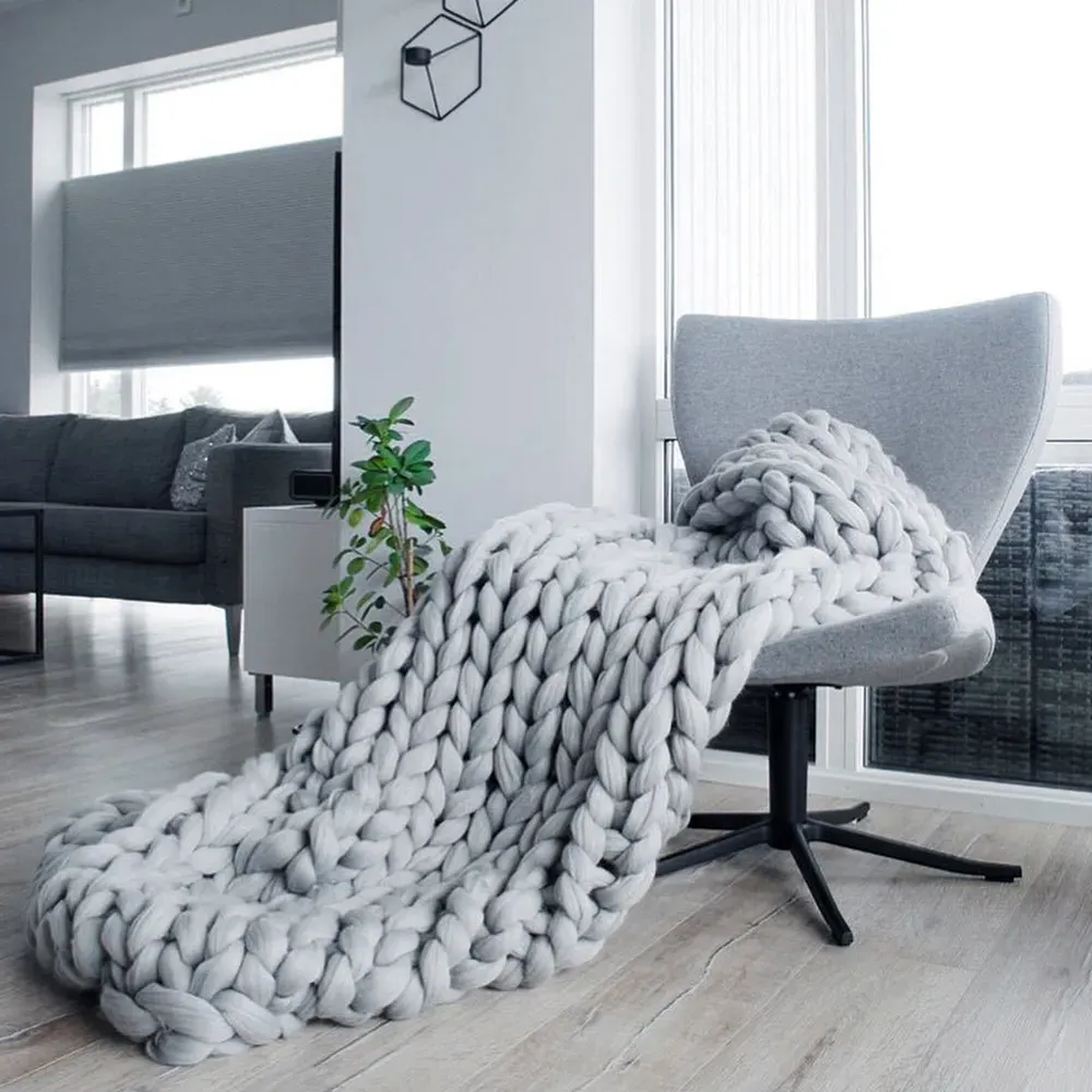 Chunky Knit Throw - Grey, Cotton