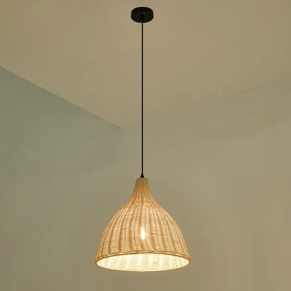 Conical Rattan Pendant Shade with Tri-Colour Bulb - Natural