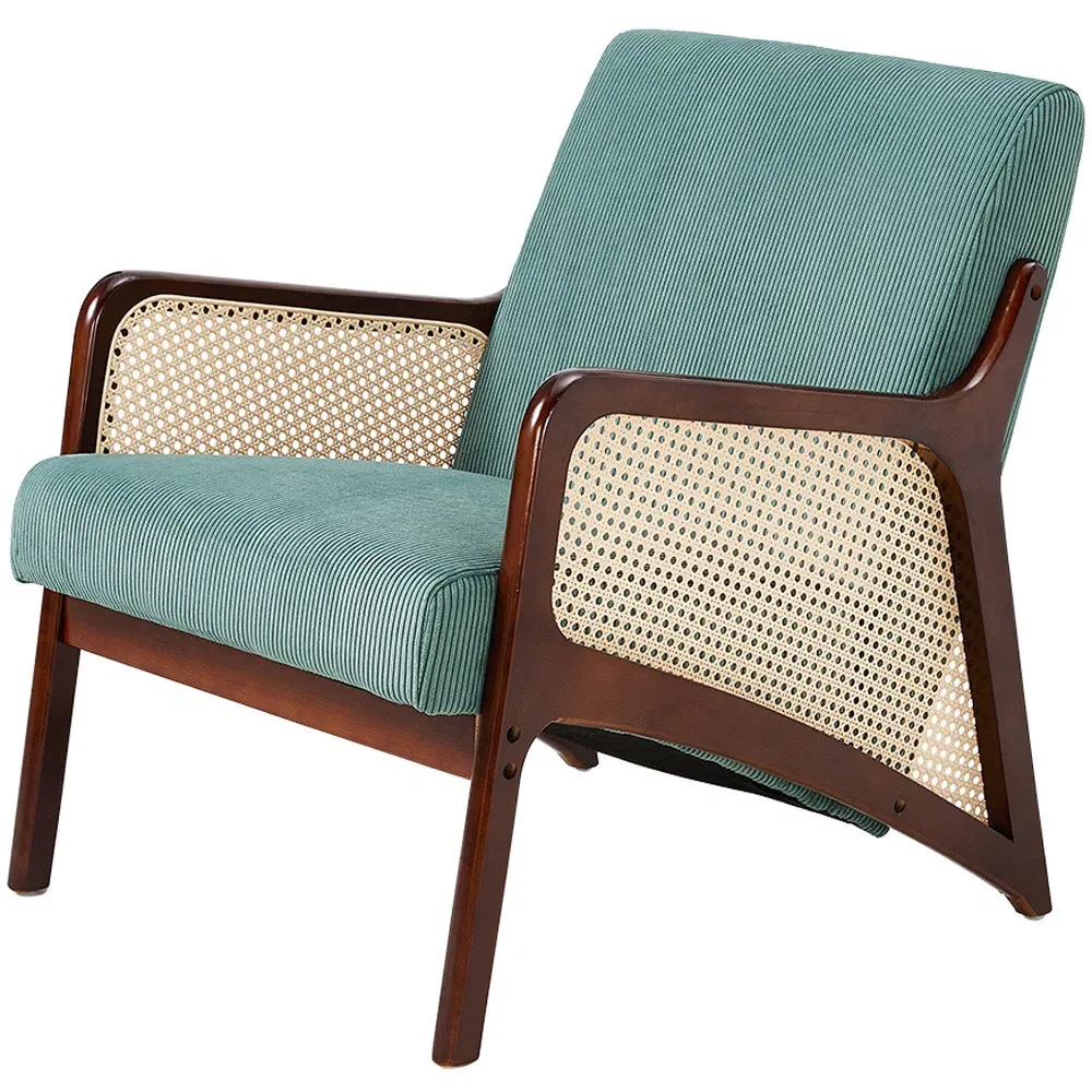 Corduroy Armchair with Rattan Armrest - Green