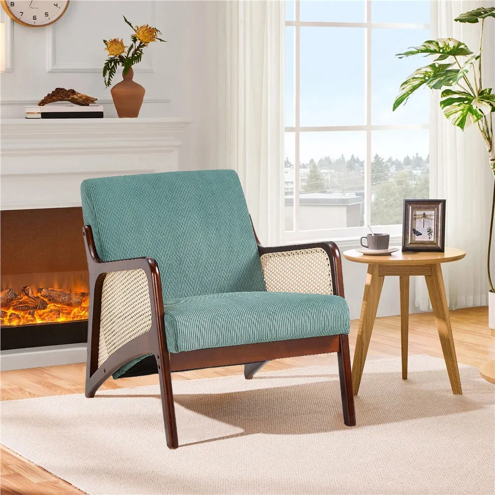 Corduroy Armchair with Rattan Armrest - Green