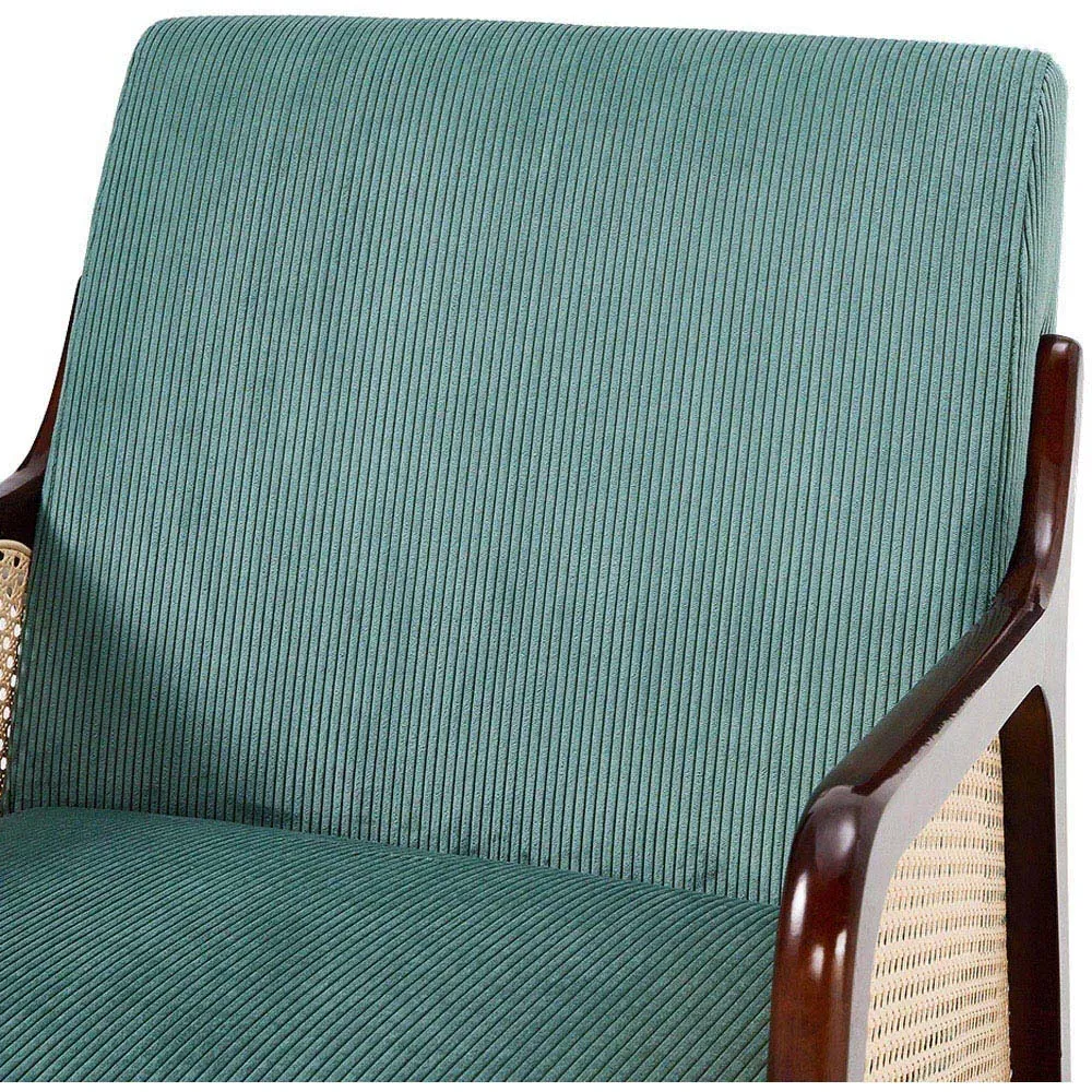 Corduroy Armchair with Rattan Armrest - Green