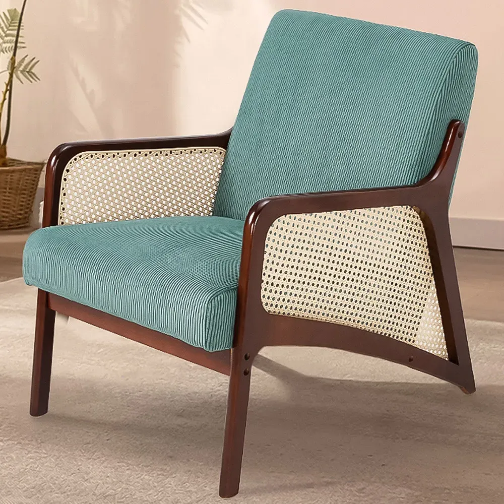 Corduroy Armchair with Rattan Armrest - Green