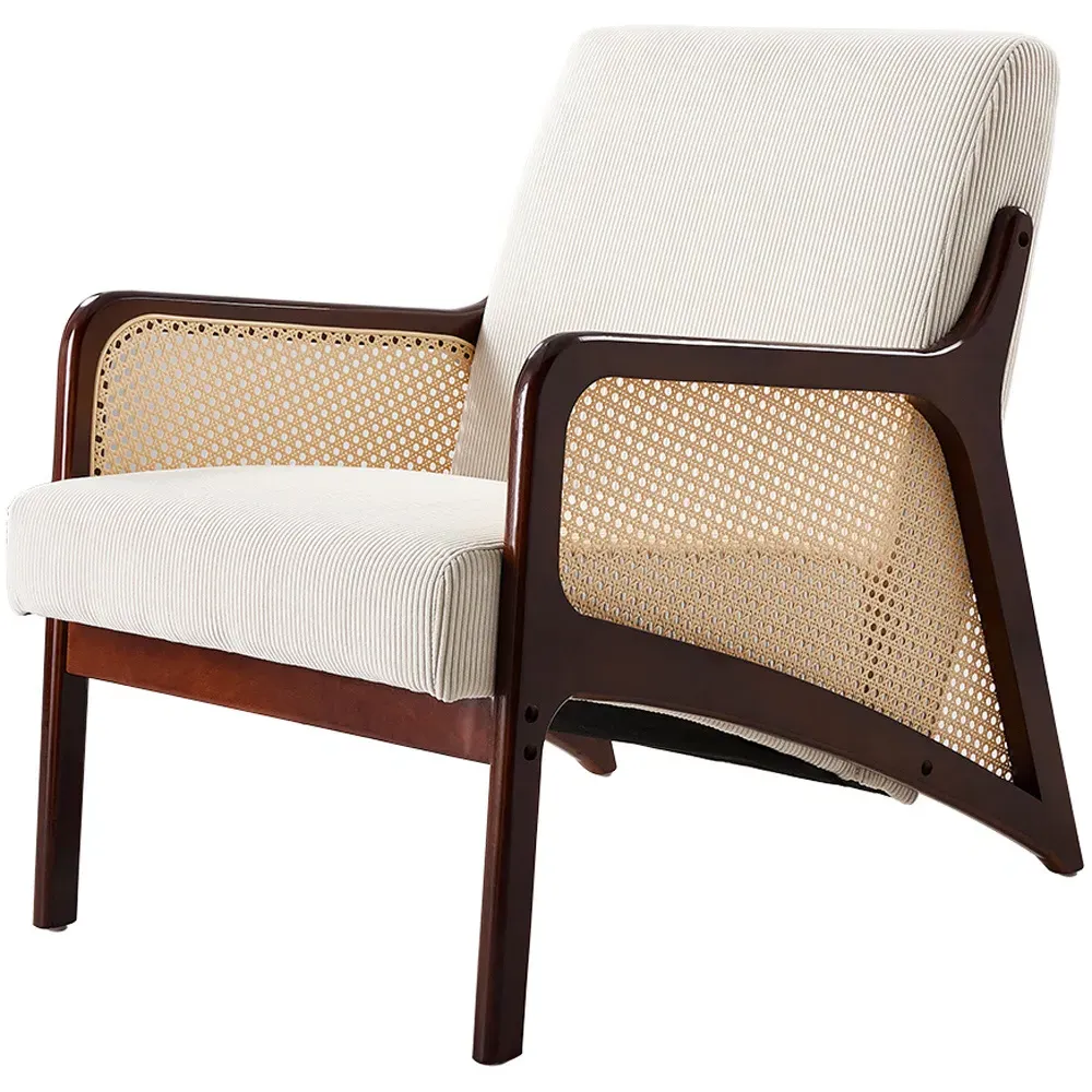 Corduroy Armchair with Rattan Armrest - White