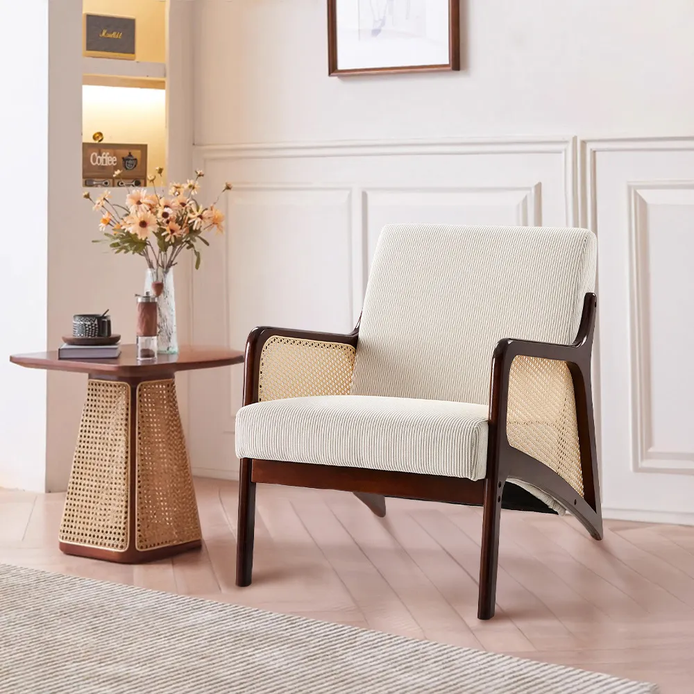 Corduroy Armchair with Rattan Armrest - White