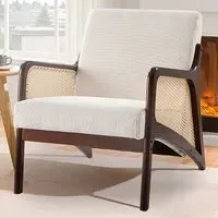 Corduroy Armchair with Rattan Armrest - White