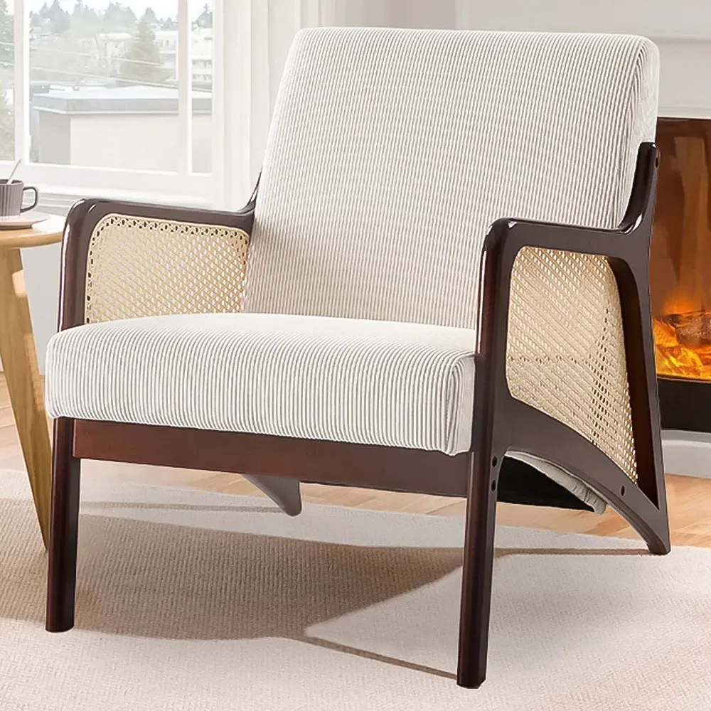 Corduroy Armchair with Rattan Armrest - White image