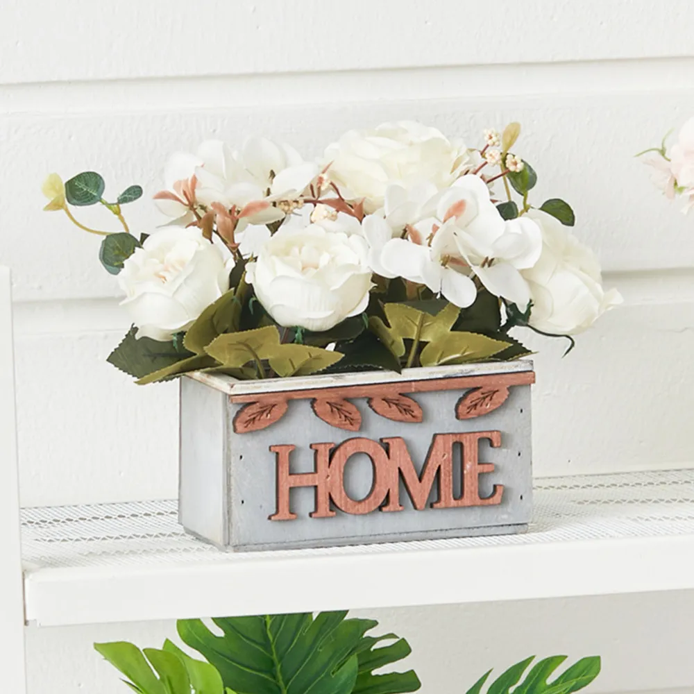 Country Style Hydrangea Peony Artificial Flower in Wooden Vase - White
