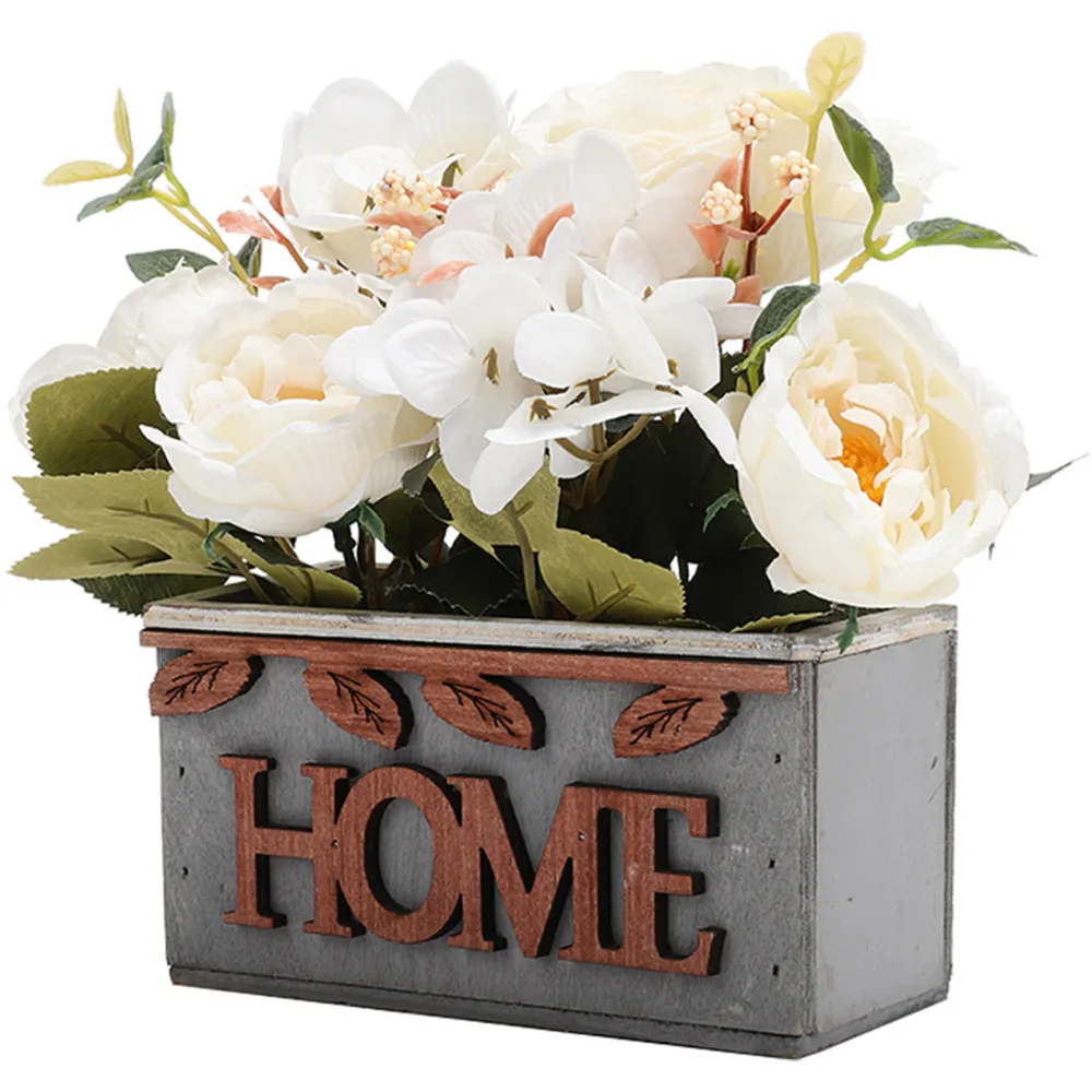 Country Style Hydrangea Peony Artificial Flower in Wooden Vase - White