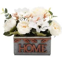 Country Style Hydrangea Peony Artificial Flower in Wooden Vase - White