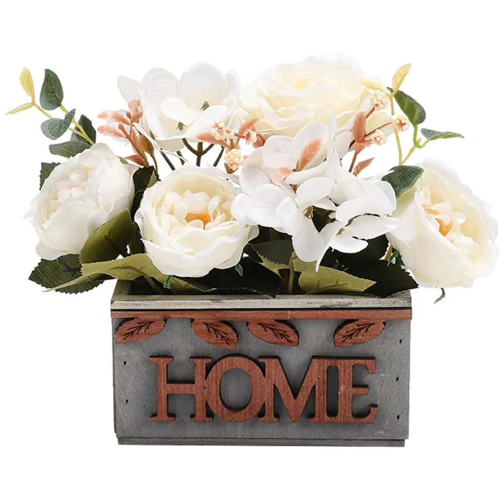 Country Style Hydrangea Peony Artificial Flower in Wooden Vase - White