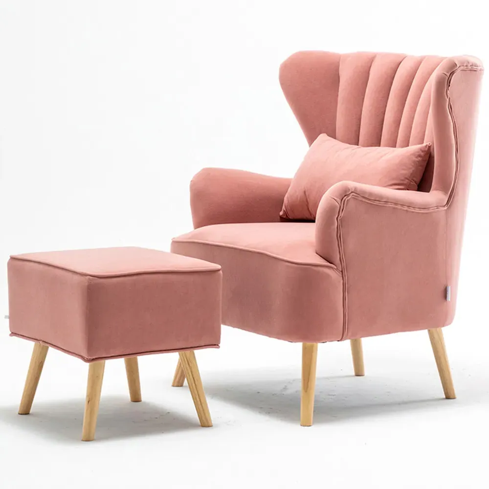 Curved Back Armchair with Footstool - Pink, Velvet