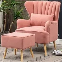 Curved Back Armchair with Footstool - Pink, Velvet