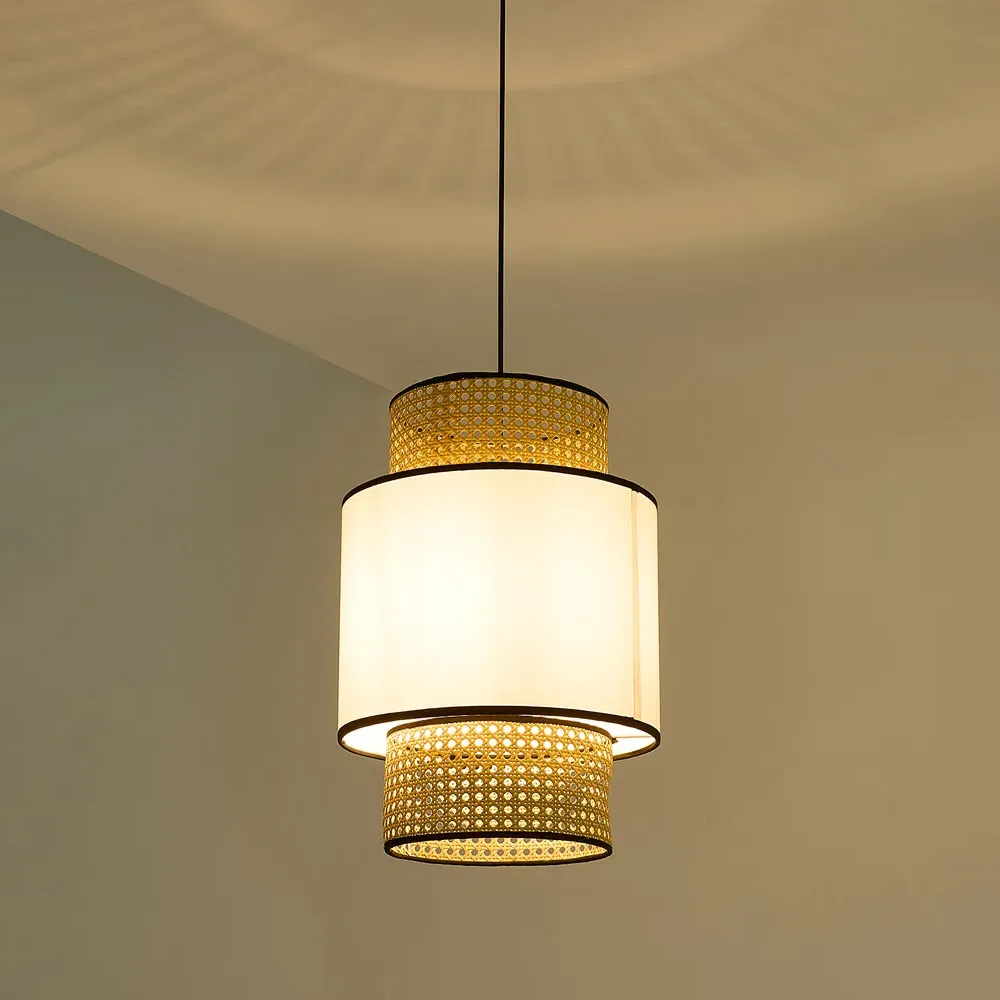 Cylindrical Rattan Pendant Light - White Fabric Shade