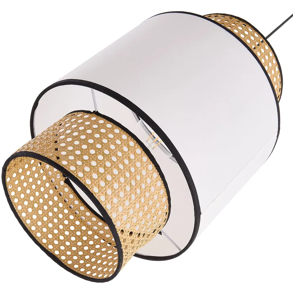 Cylindrical Rattan Pendant Light - White Fabric Shade