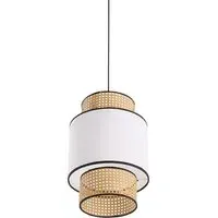 Cylindrical Rattan Pendant Light - White Fabric Shade