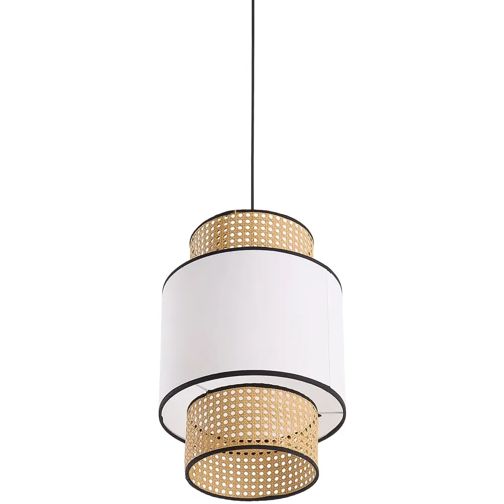 Cylindrical Rattan Pendant Light - White Fabric Shade image
