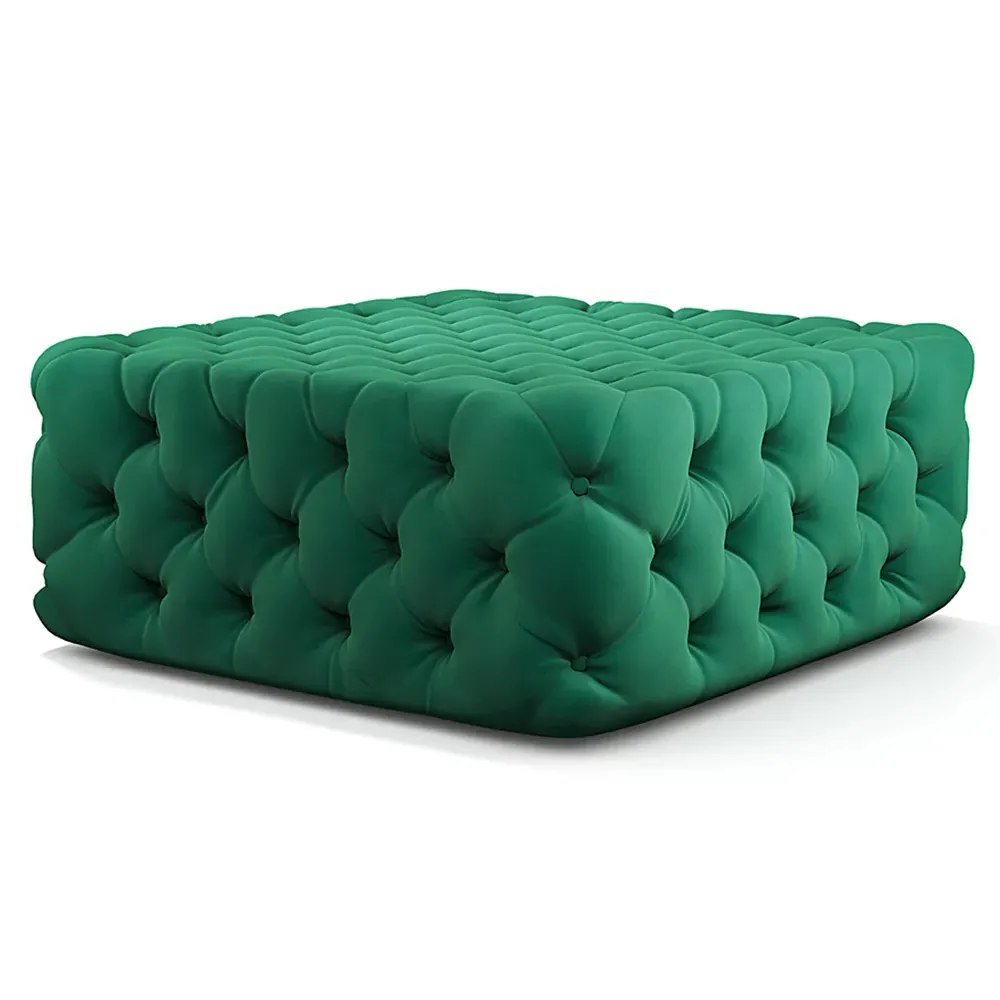 Deep Buttoned Footstool - Green, Velvet