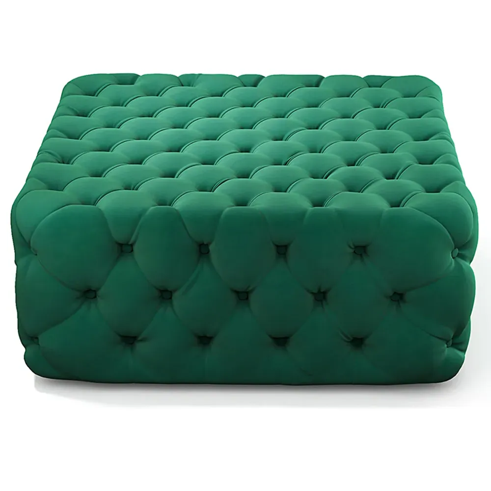 Deep Buttoned Footstool - Green, Velvet