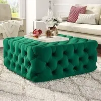 Deep Buttoned Footstool - Green, Velvet