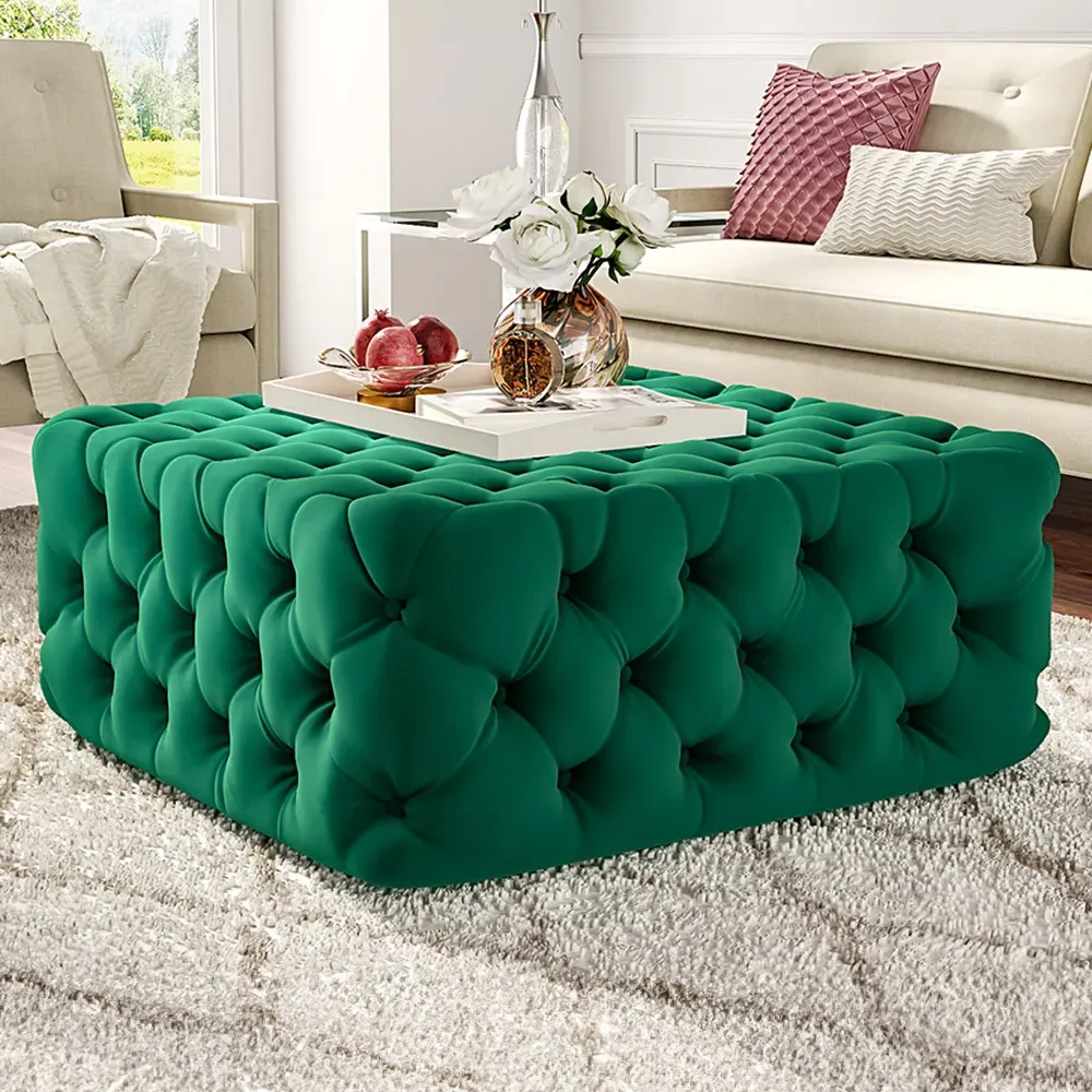 Deep Buttoned Footstool - Green, Velvet