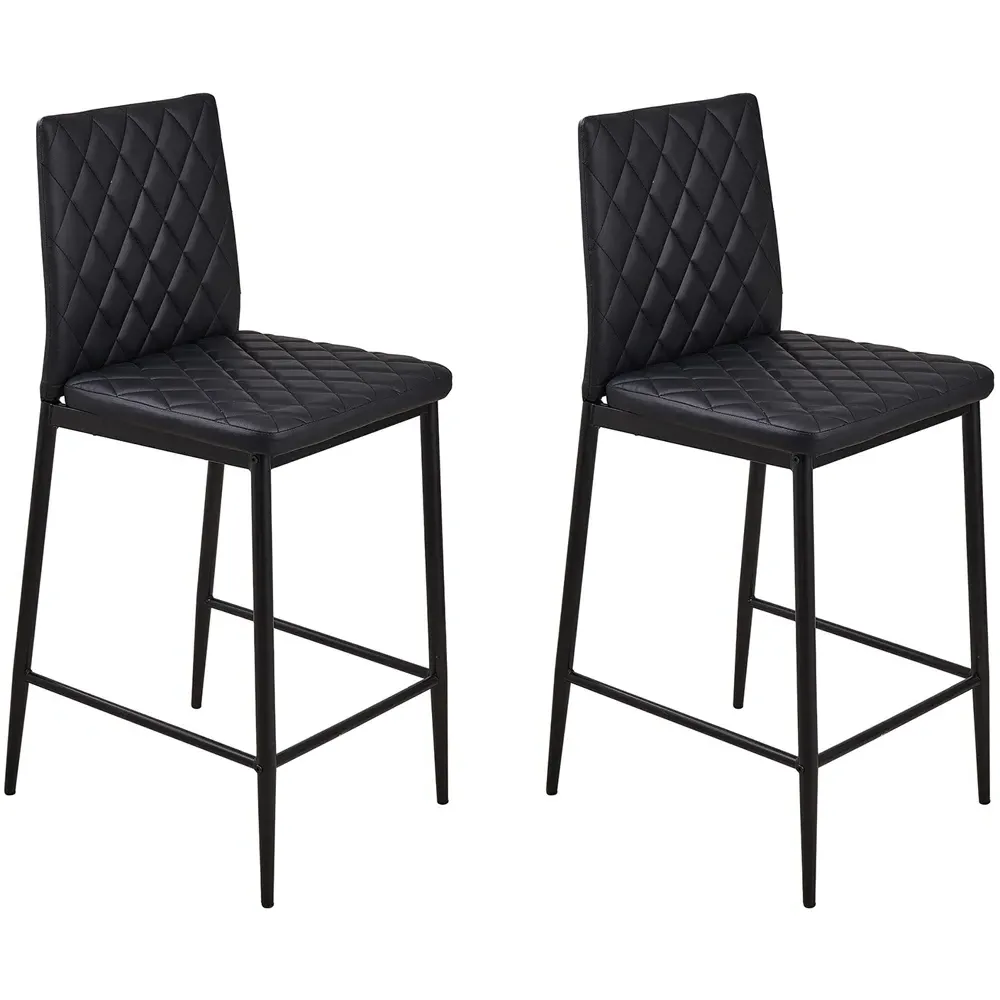 Diamond-Quilted Bar Stool Set of 2 - Black, PU Leather