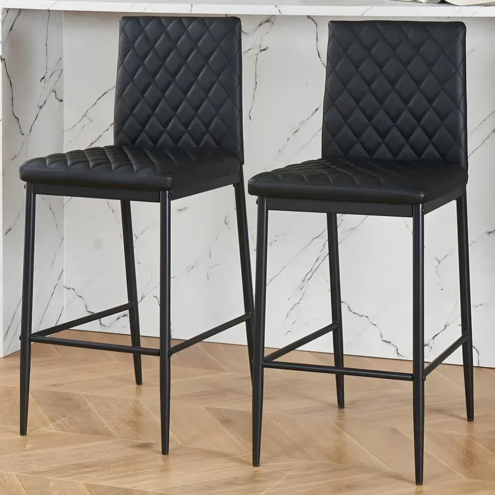 Diamond-Quilted Bar Stool Set of 2 - Black, PU Leather image