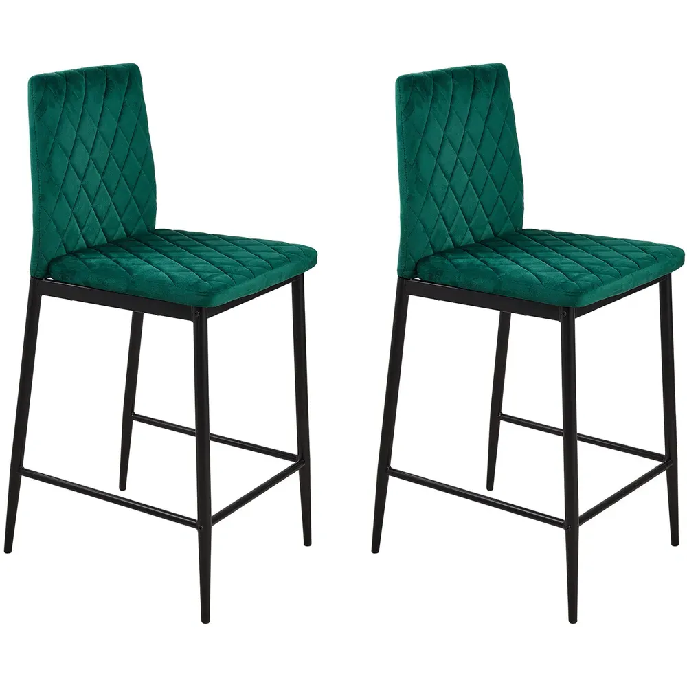 Diamond-Quilted Bar Stool Set of 2 with Footrest - Green, Velvet
