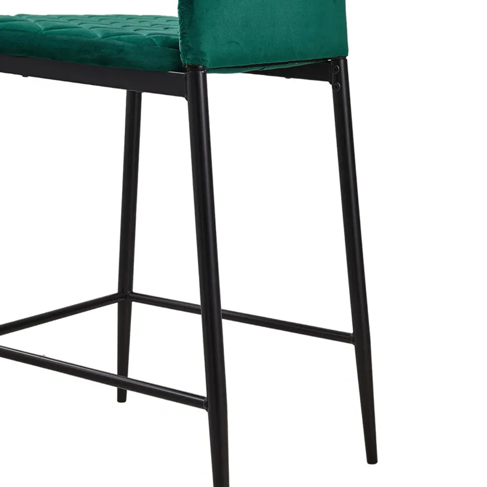 Diamond-Quilted Bar Stool Set of 2 with Footrest - Green, Velvet