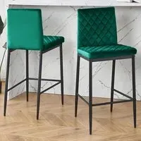 Diamond-Quilted Bar Stool Set of 2 with Footrest - Green, Velvet