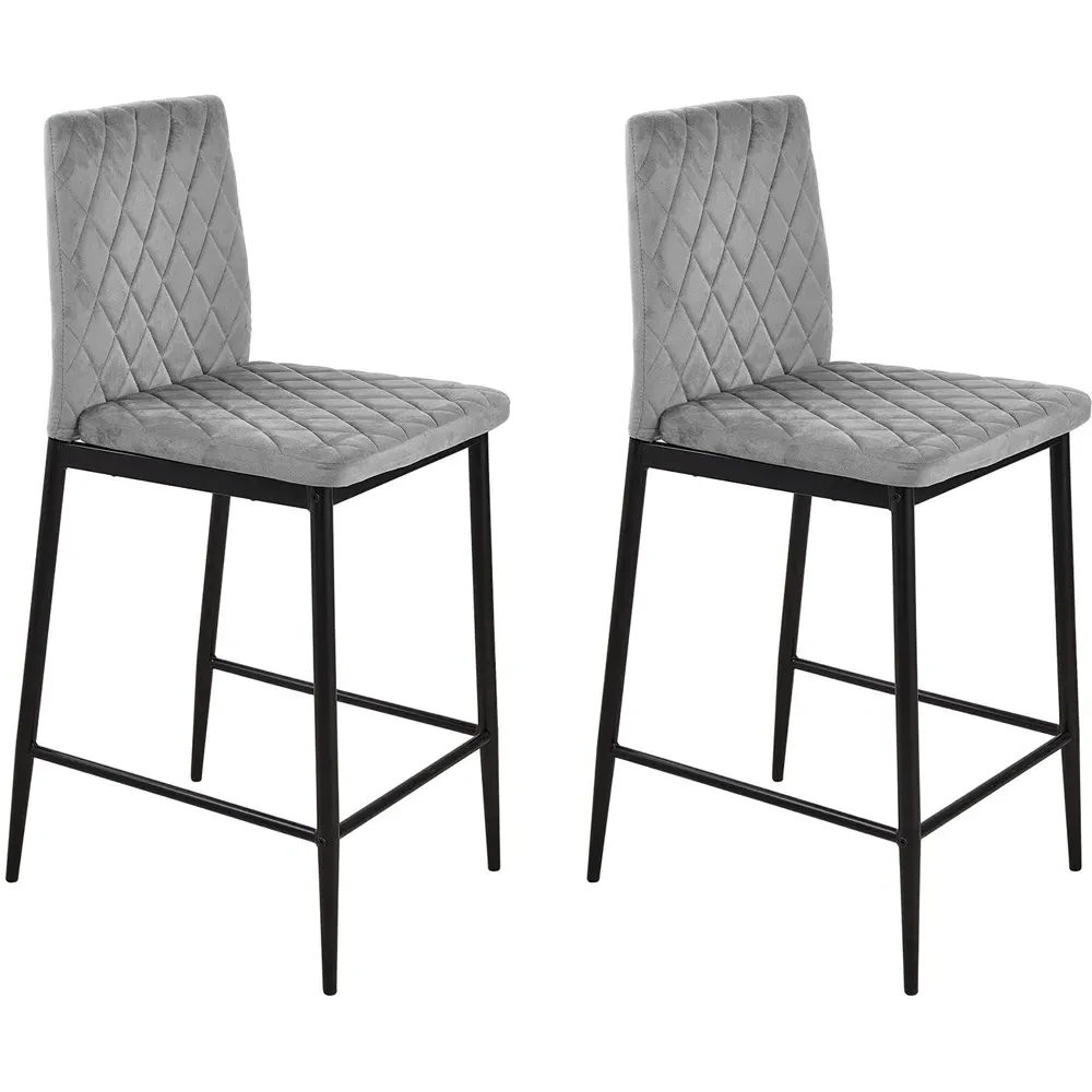 Diamond-Quilted Bar Stool Set of 2 with Footrest - Grey, Velvet