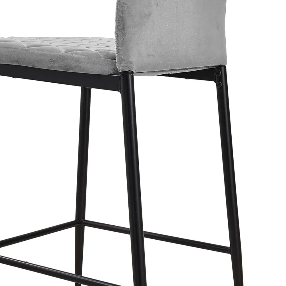 Diamond-Quilted Bar Stool Set of 2 with Footrest - Grey, Velvet