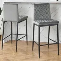 Diamond-Quilted Bar Stool Set of 2 with Footrest - Grey, Velvet