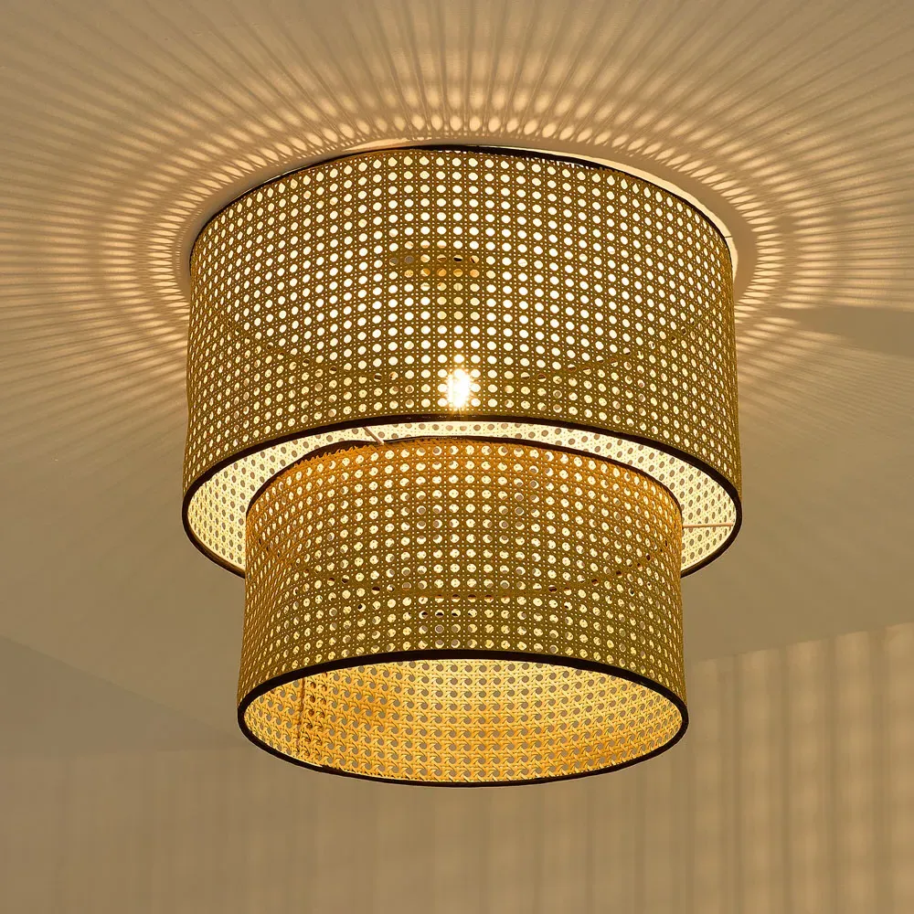 Dual Cylindrical Rattan Pendant Light - Natural Beech