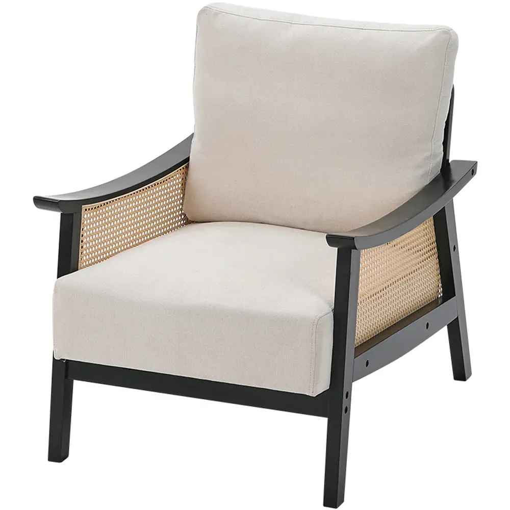 Fabric Cushion Mid Century Rattan Chair - Black