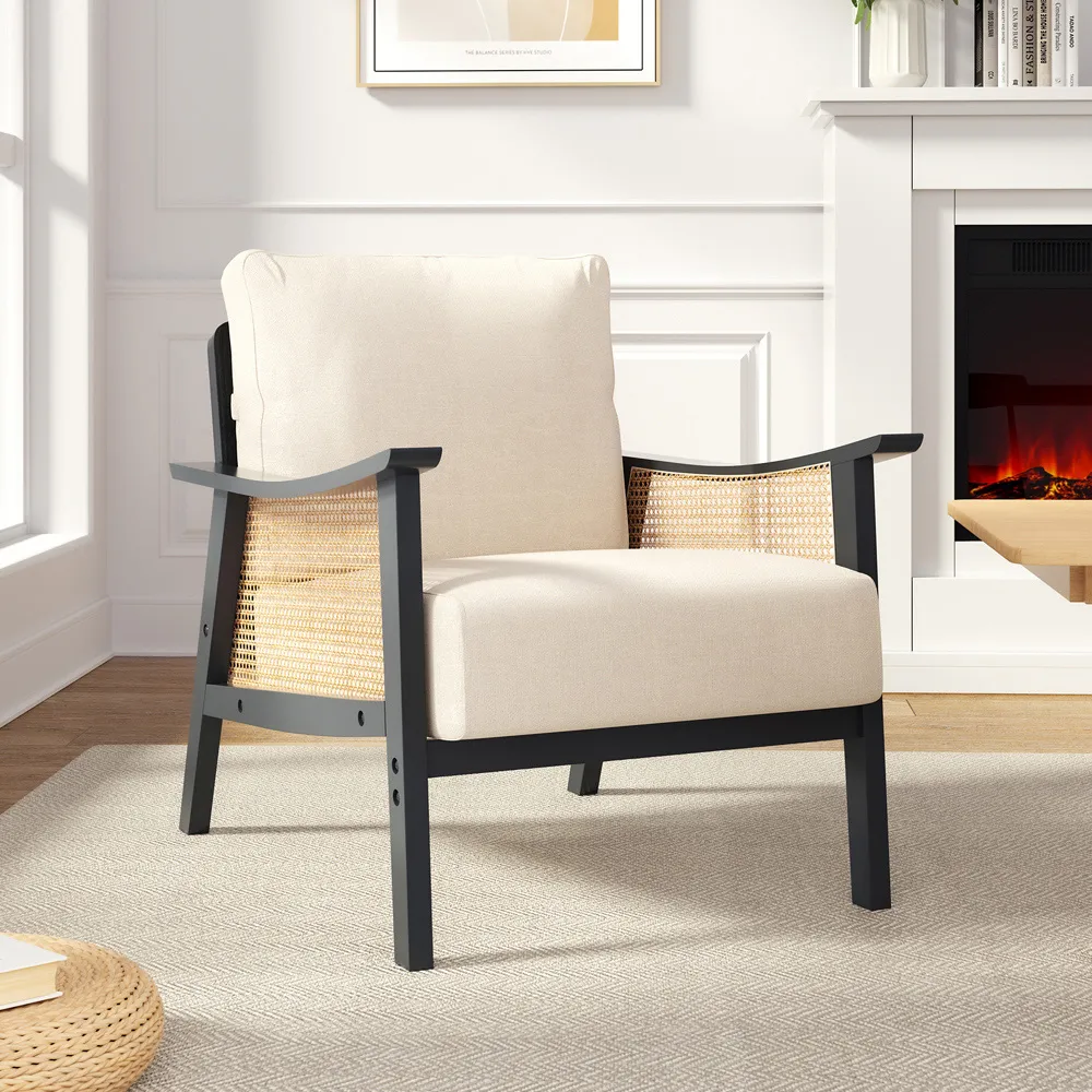 Fabric Cushion Mid Century Rattan Chair - Black