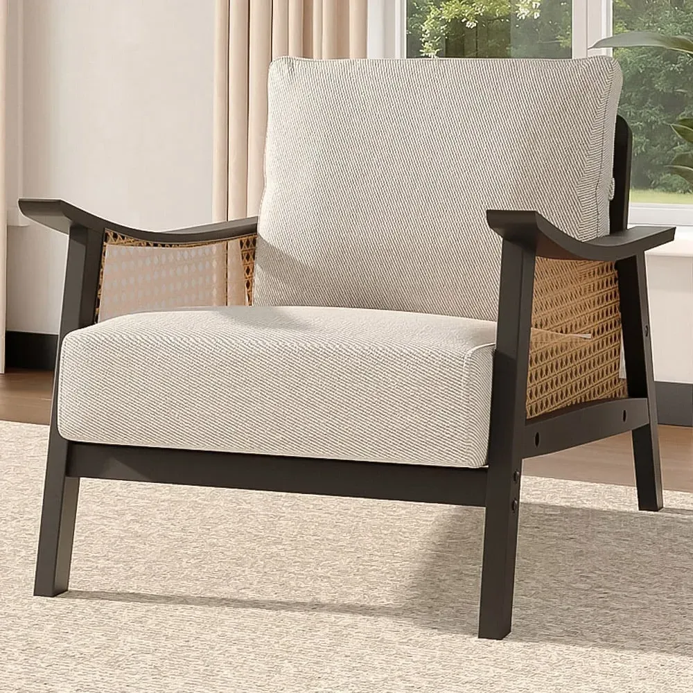 Fabric Cushion Mid Century Rattan Chair - Black