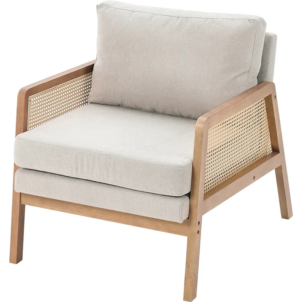 Fabric Cushion Mid Century Rattan Chair - Cream