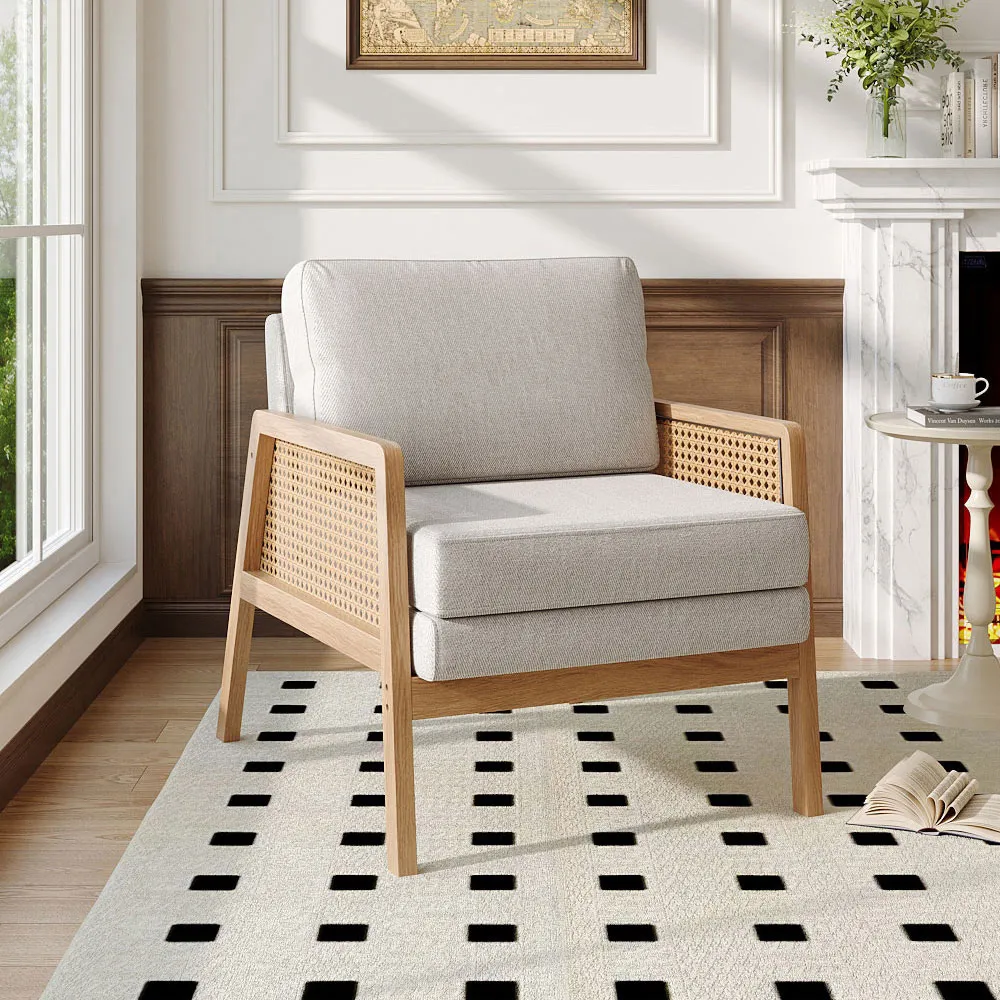 Fabric Cushion Mid Century Rattan Chair - Cream