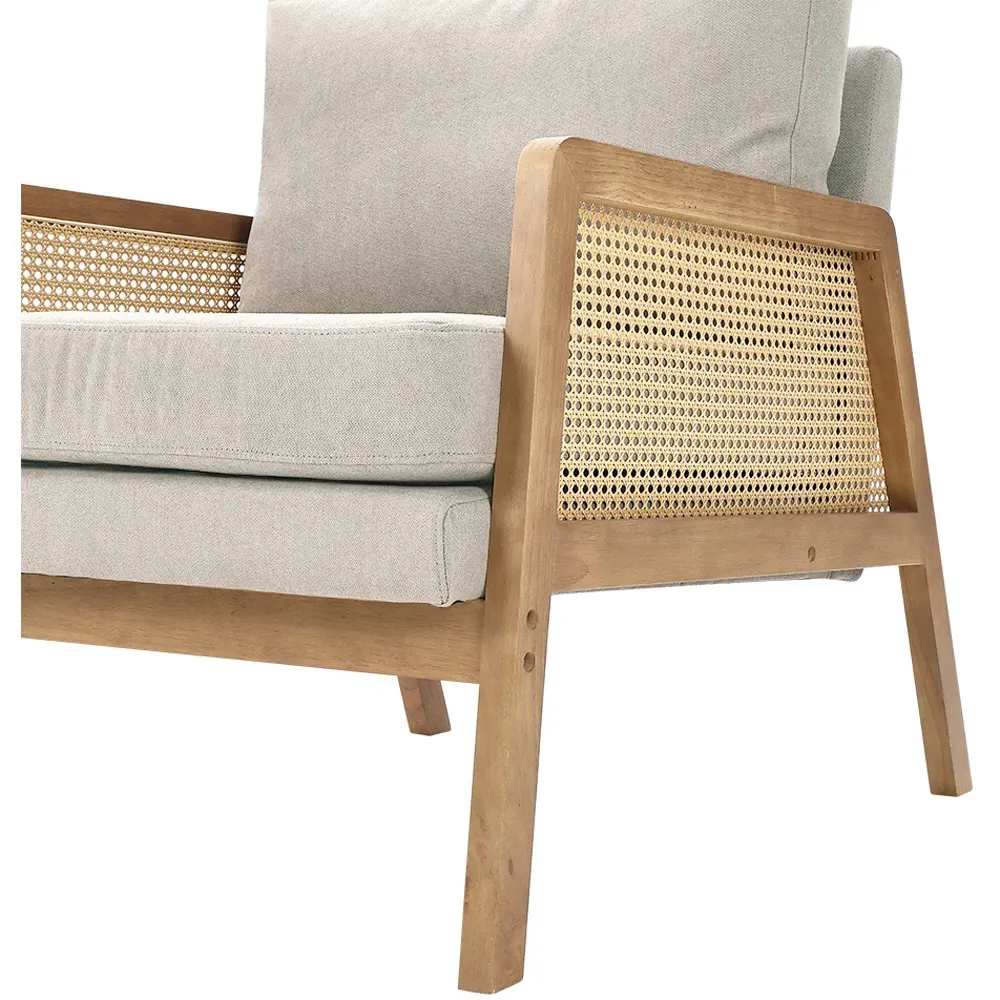 Fabric Cushion Mid Century Rattan Chair - Cream