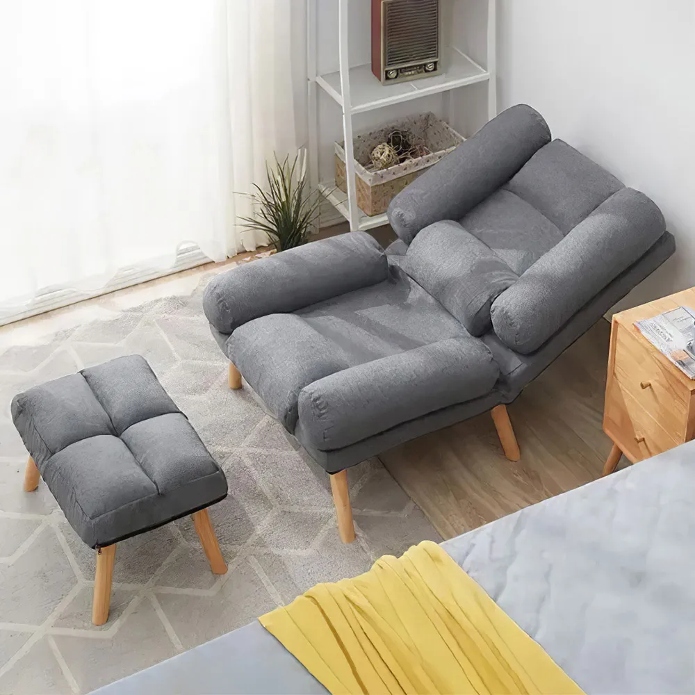 Fabric Recliner with Footstool - Grey