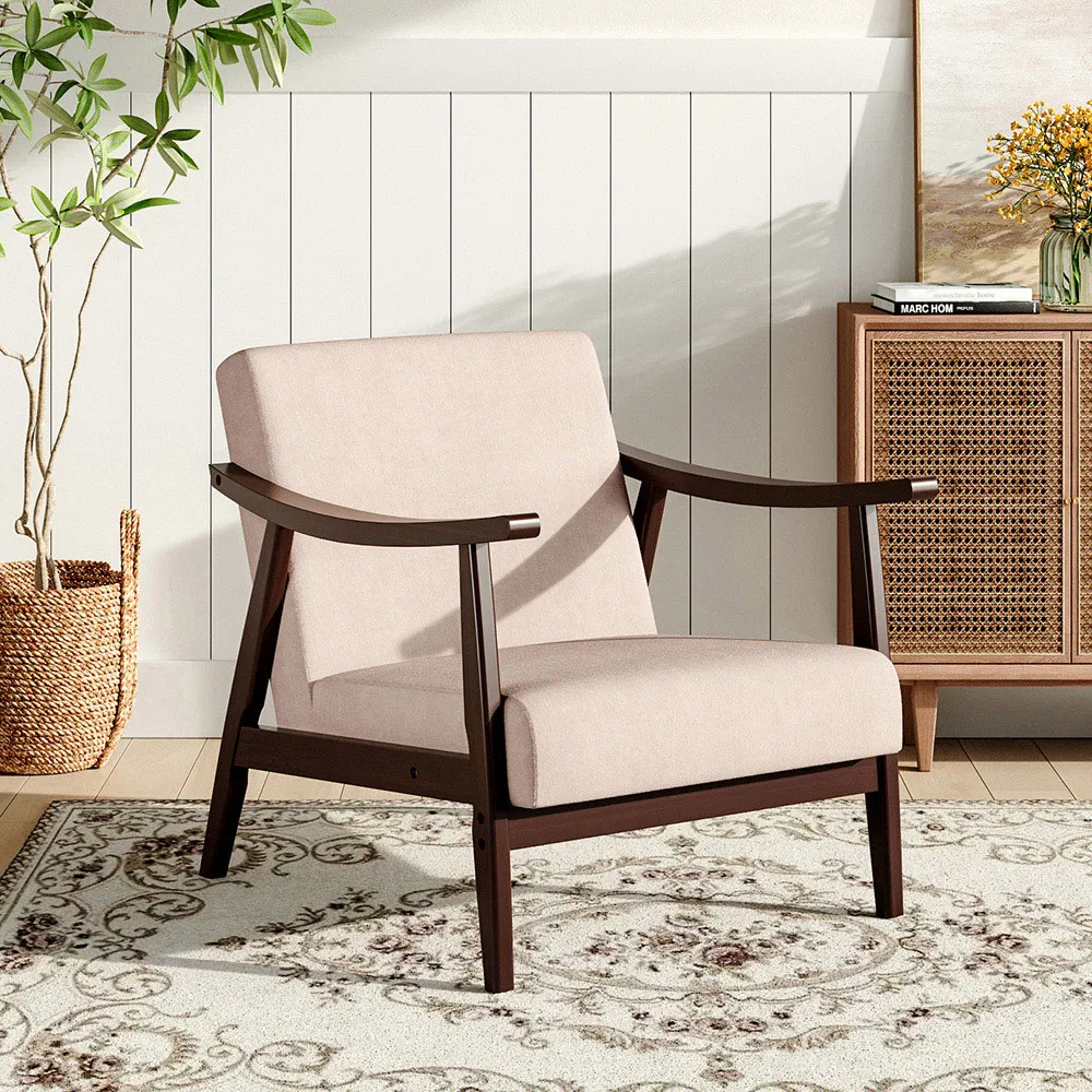 Fabric Wooden Single Armchair - Cream