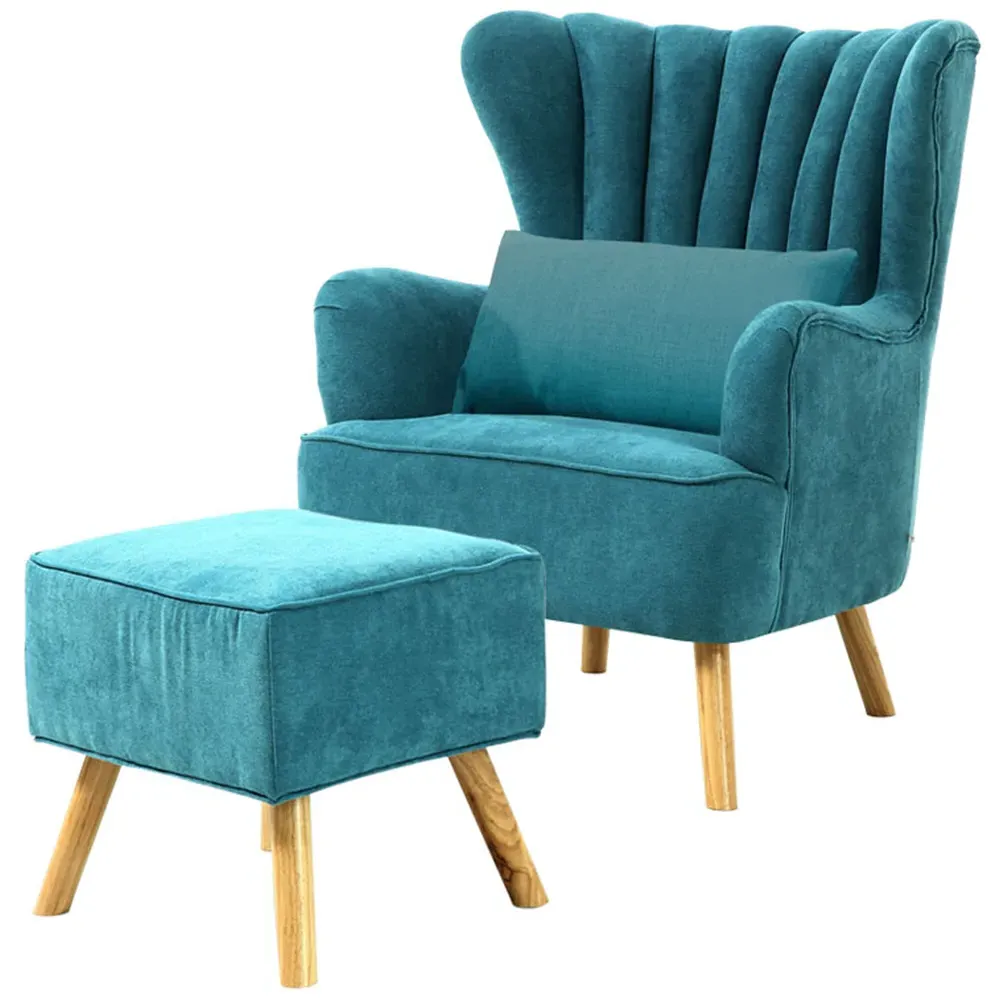 Faux Wool Upholstered Armchair with Footstool - Blue