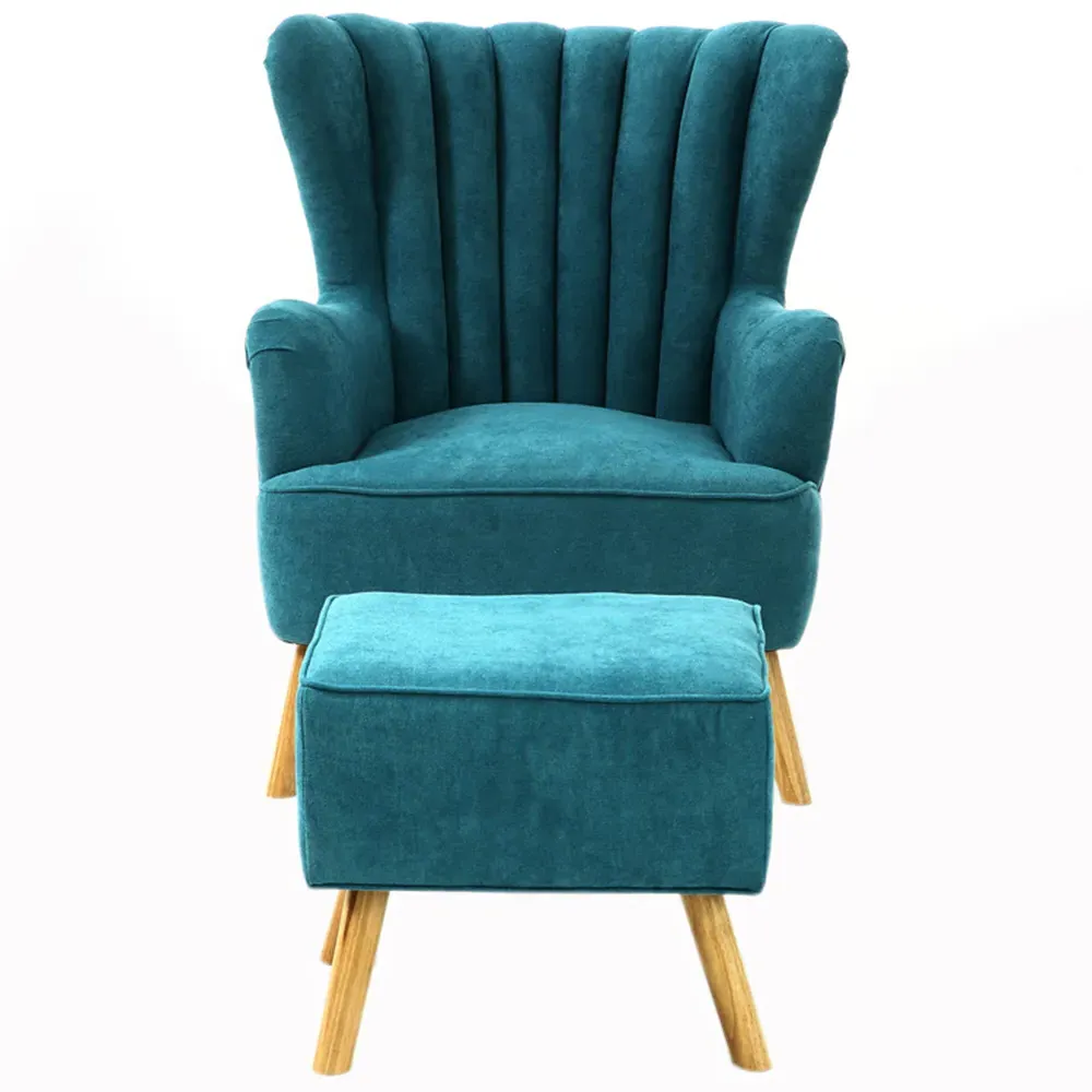 Faux Wool Upholstered Armchair with Footstool - Blue