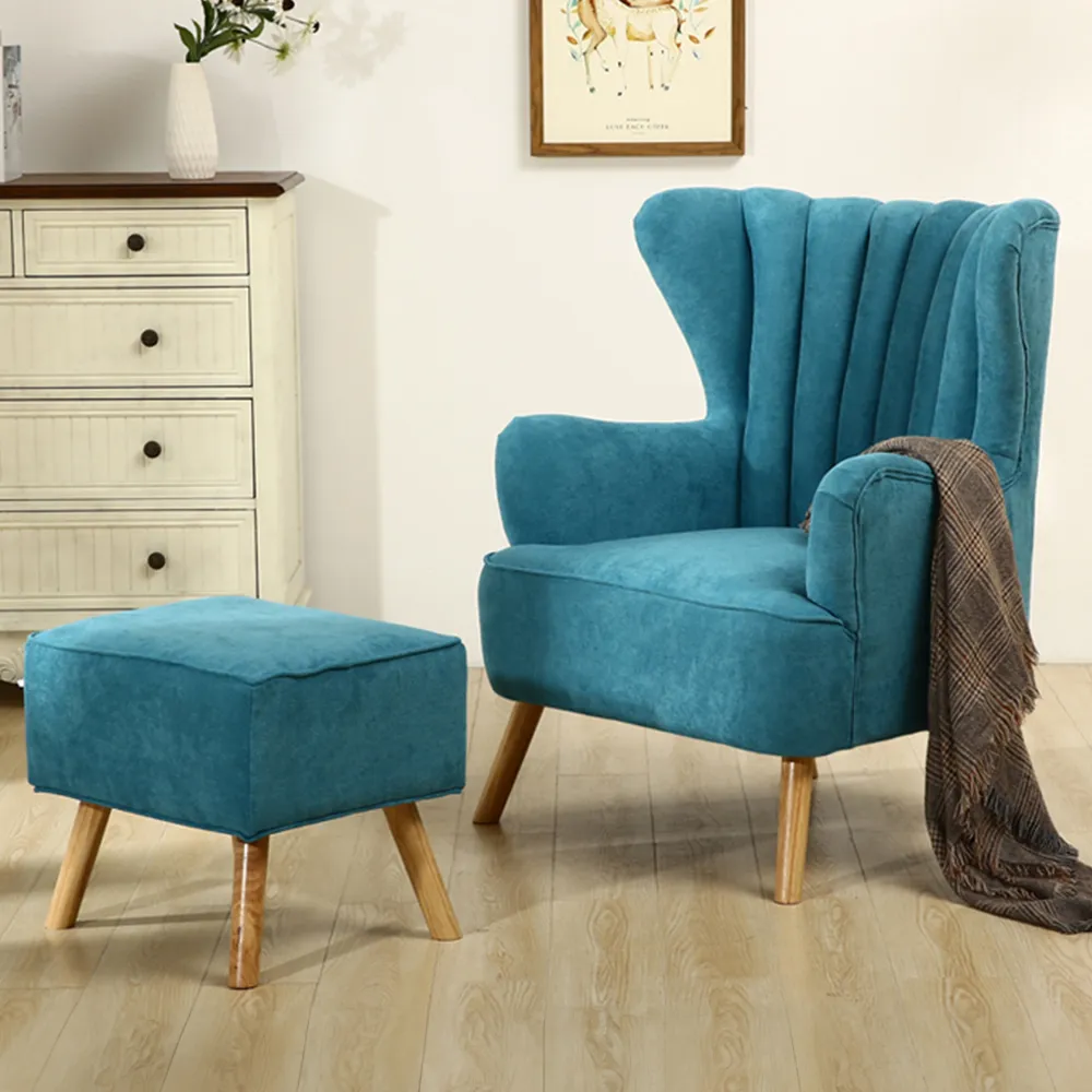 Faux Wool Upholstered Armchair with Footstool - Blue