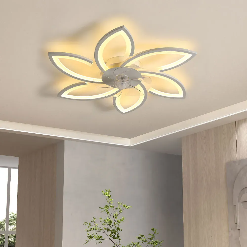 Flower Shaped LED Ceiling Fan Light with 6 Speeds - White