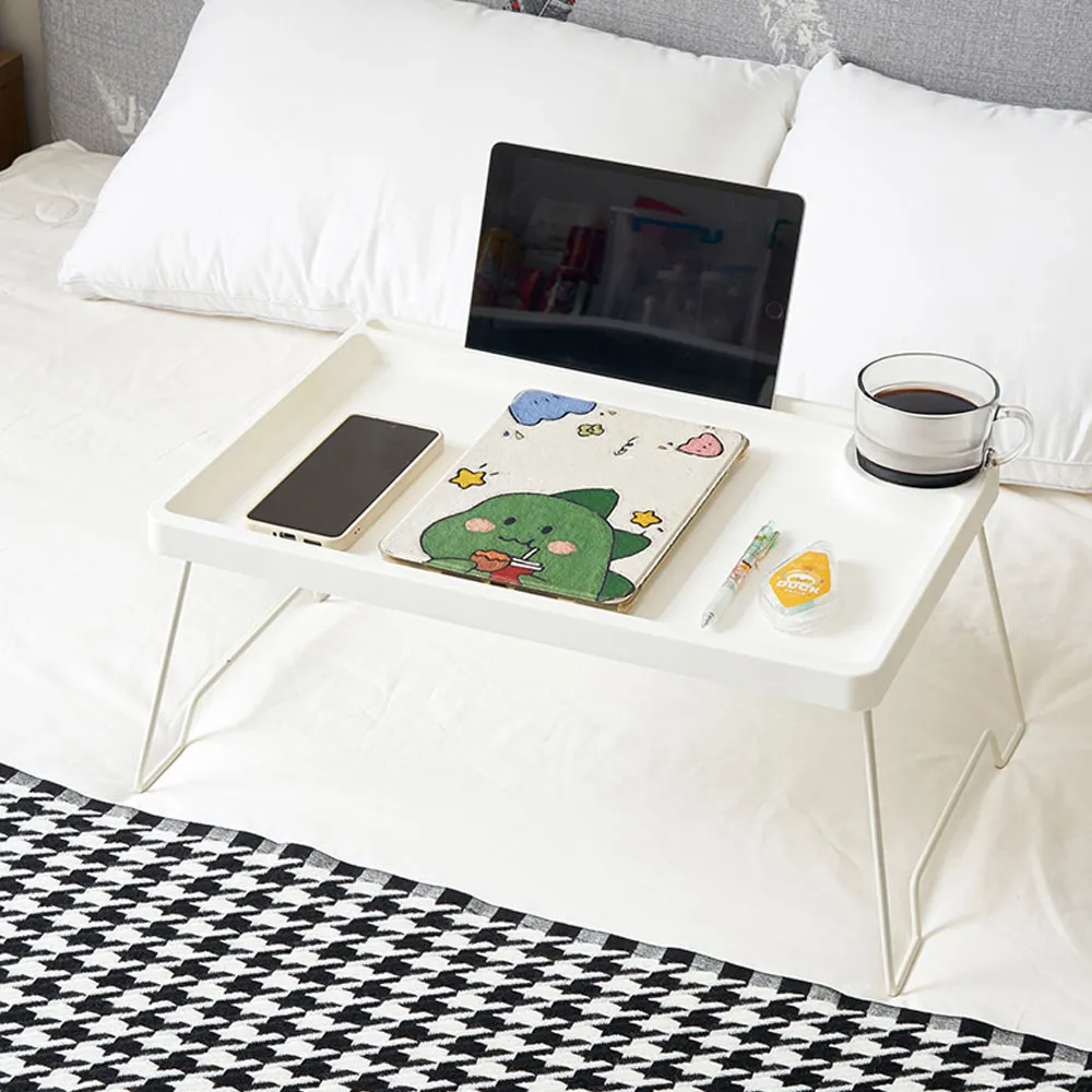 Foldable Bed Table with Cup Holder - White