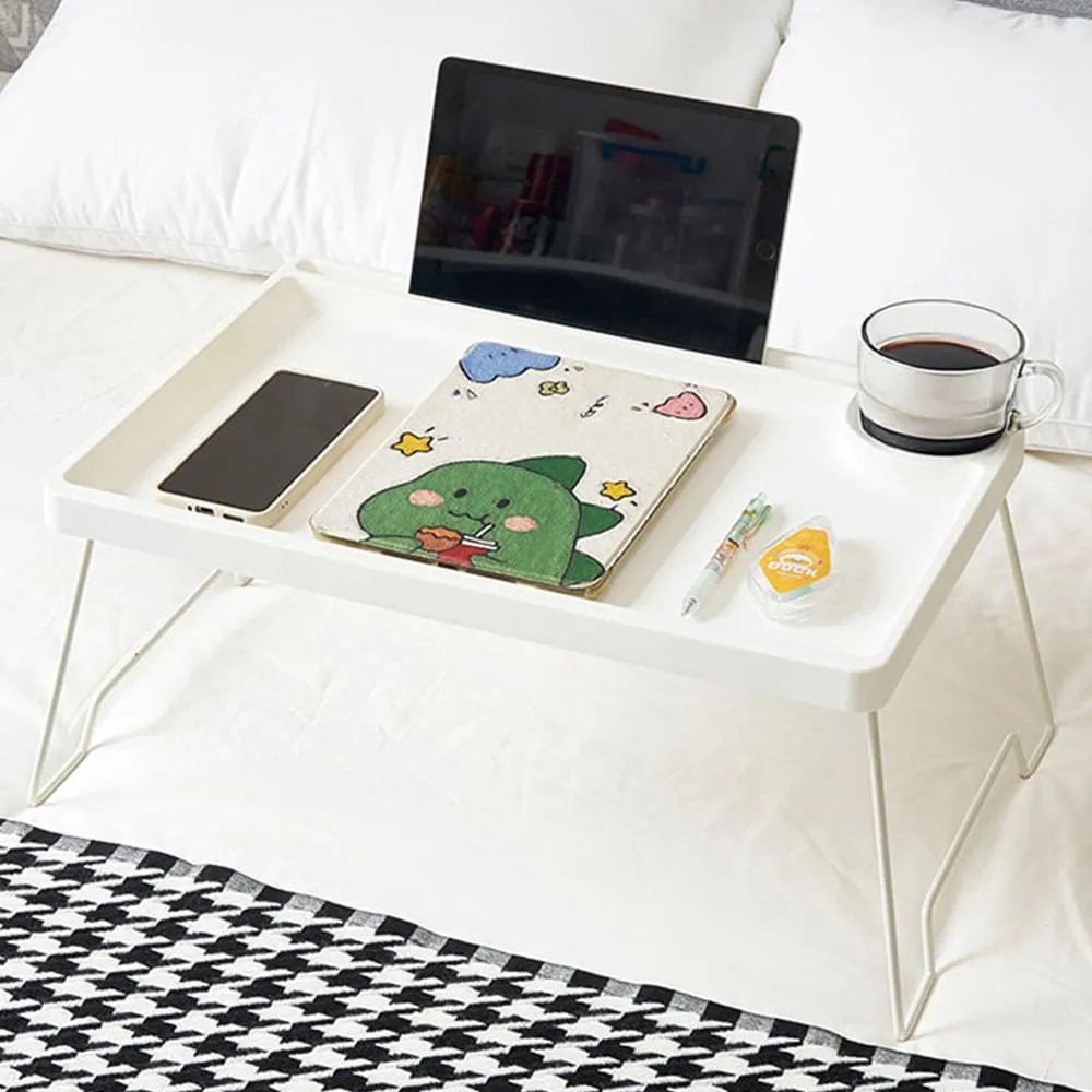Foldable Bed Table with Cup Holder - White