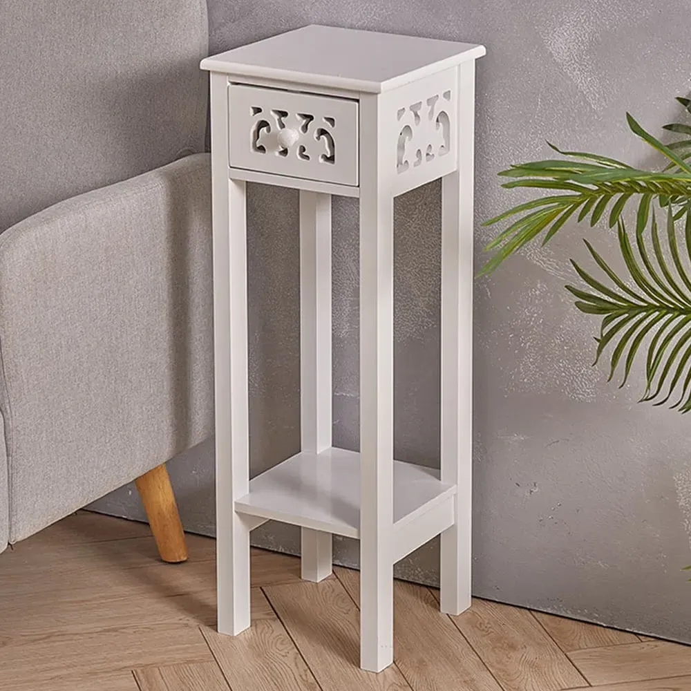 French Style Slim Side Table with Drawer - White, Wood image